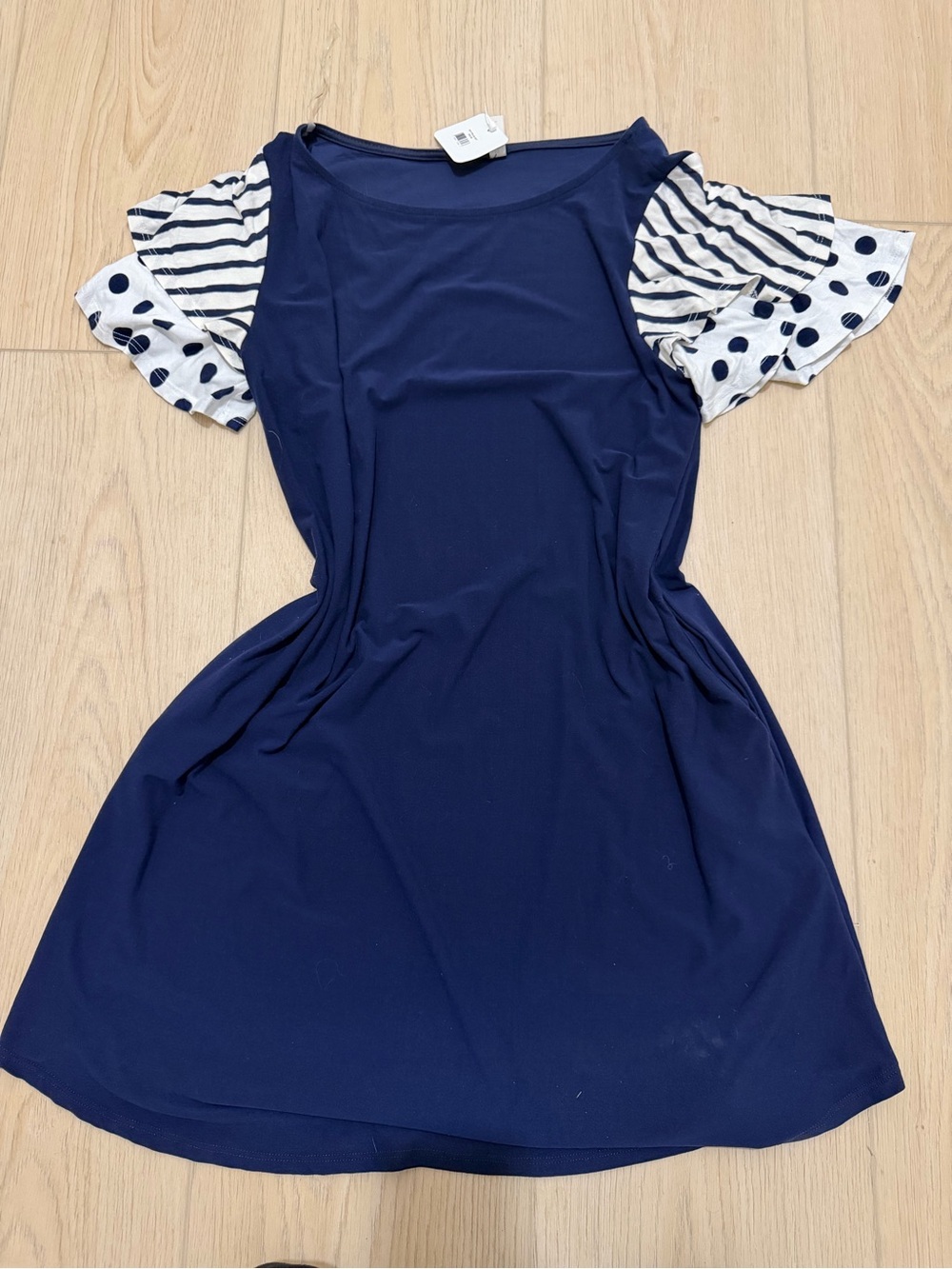 Navy Short-Sleeve Casual Dress with Striped & Polka Dot Ruffle Sleeves